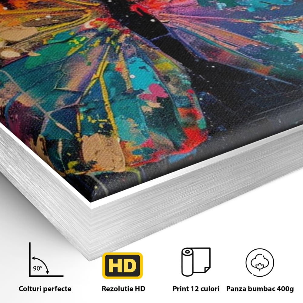 Detaliu al suprafetei: tablou canvas cu fluture multicolor, in rama de aluminiu argintiu